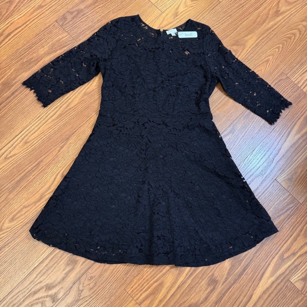 Charming Charlie Womens Black Floral Lace Fit and Flare Dress 3/4 Sleeve L NEW